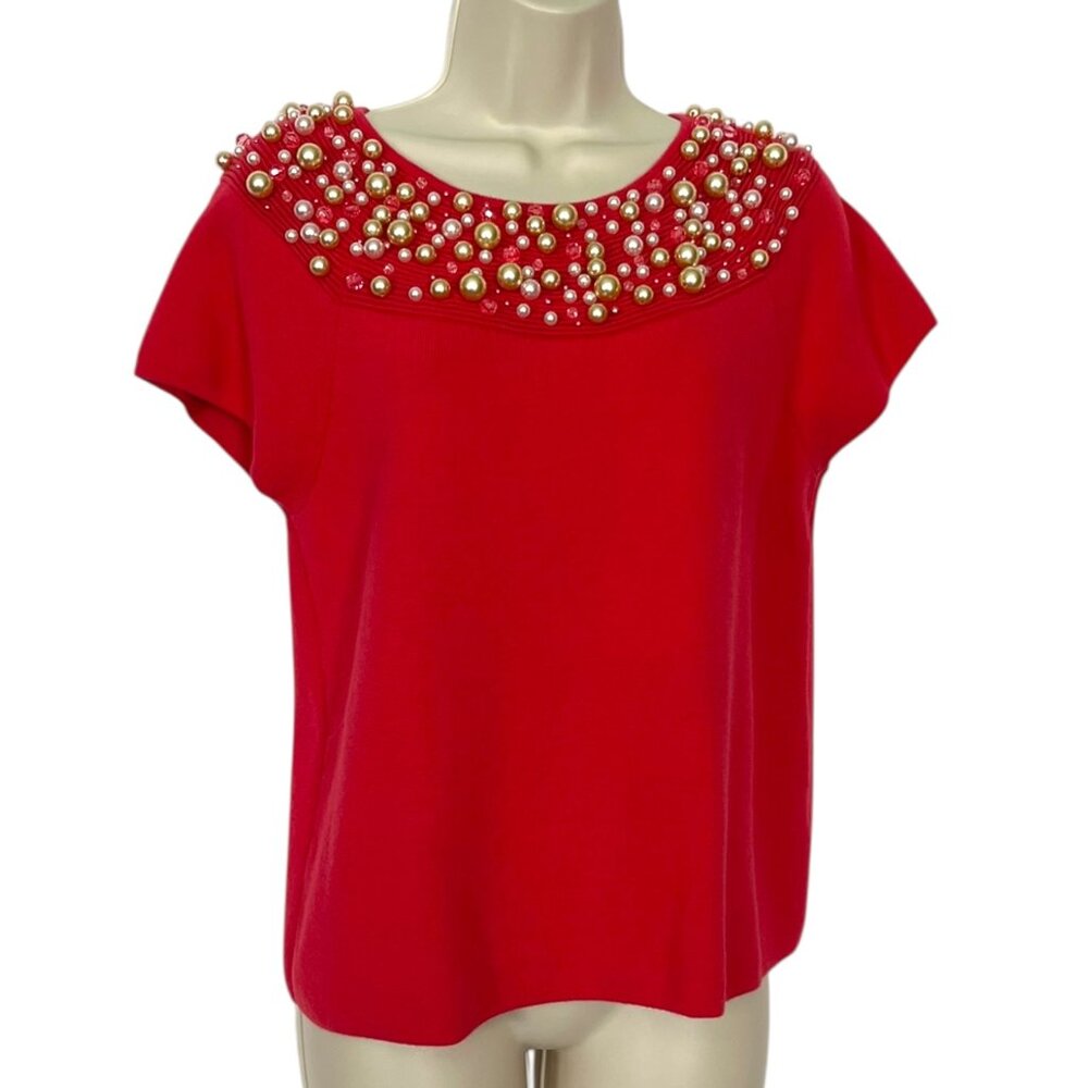 Moth Anthropologie Size M Brienne Pearl Embellished Sweater Top Red